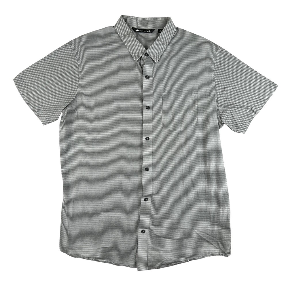 Travis Mathew Shirt Mens XL Gray Stripe Short Sleeve Button Front Casual Cotton
